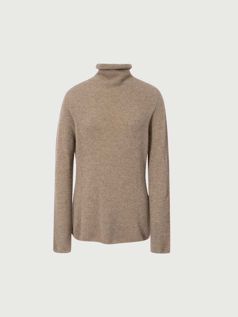 Camel Slim Fit Cashmere Sweater, a cozy turtleneck cashmere sweater, perfect for layering and staying stylish.