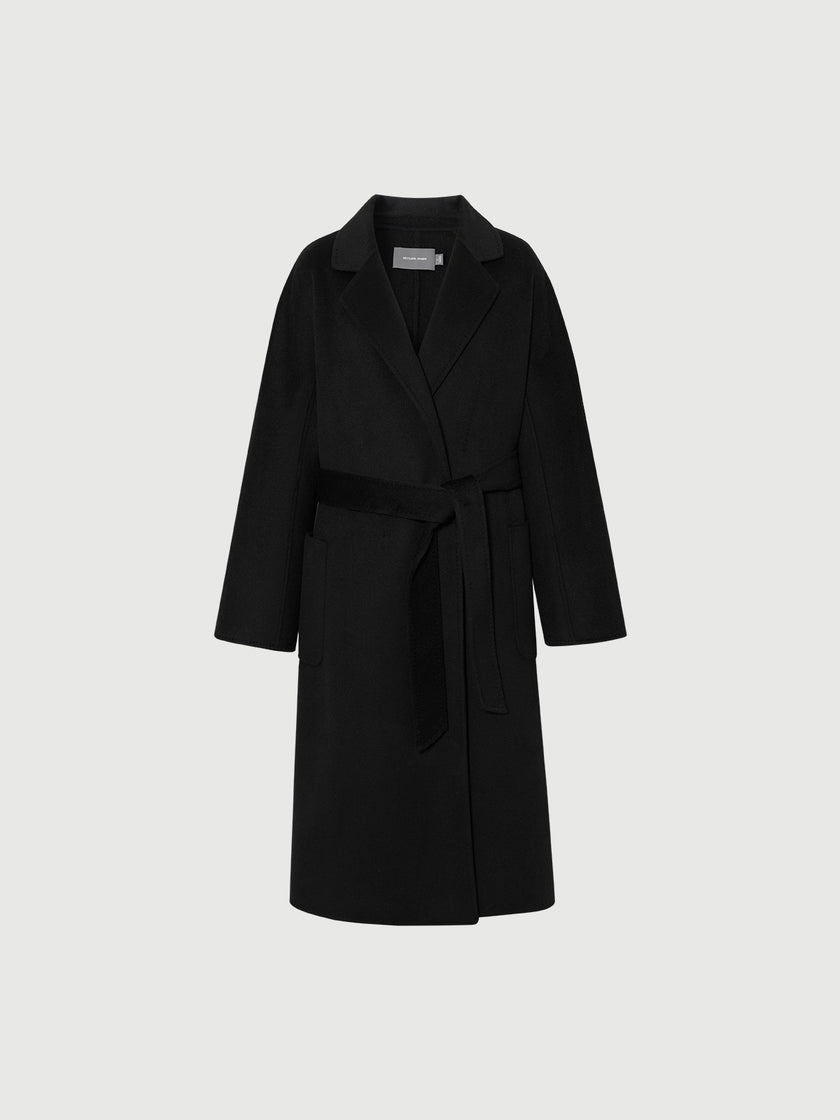Pure Cashmere Notch-Lapel Midi Belted Coat – Black