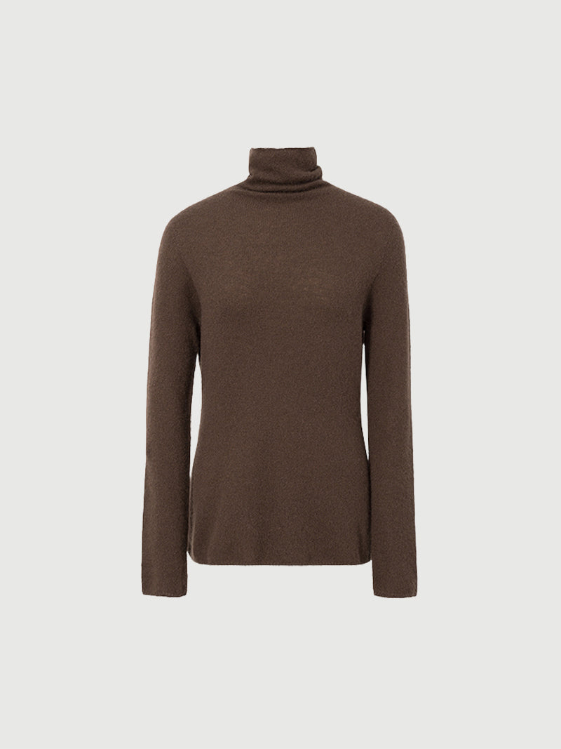 Brown slim fit cashmere sweater with high neck design for warmth and elegance.
