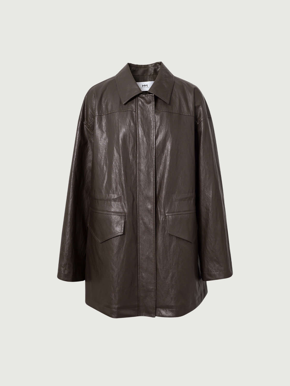 Shirt-Collar Drawstring Leather Jacket