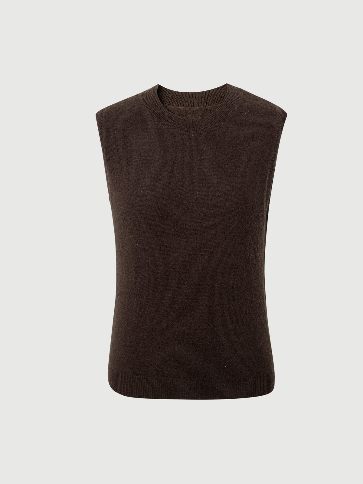 Brown sleeveless sweater on a light gray background