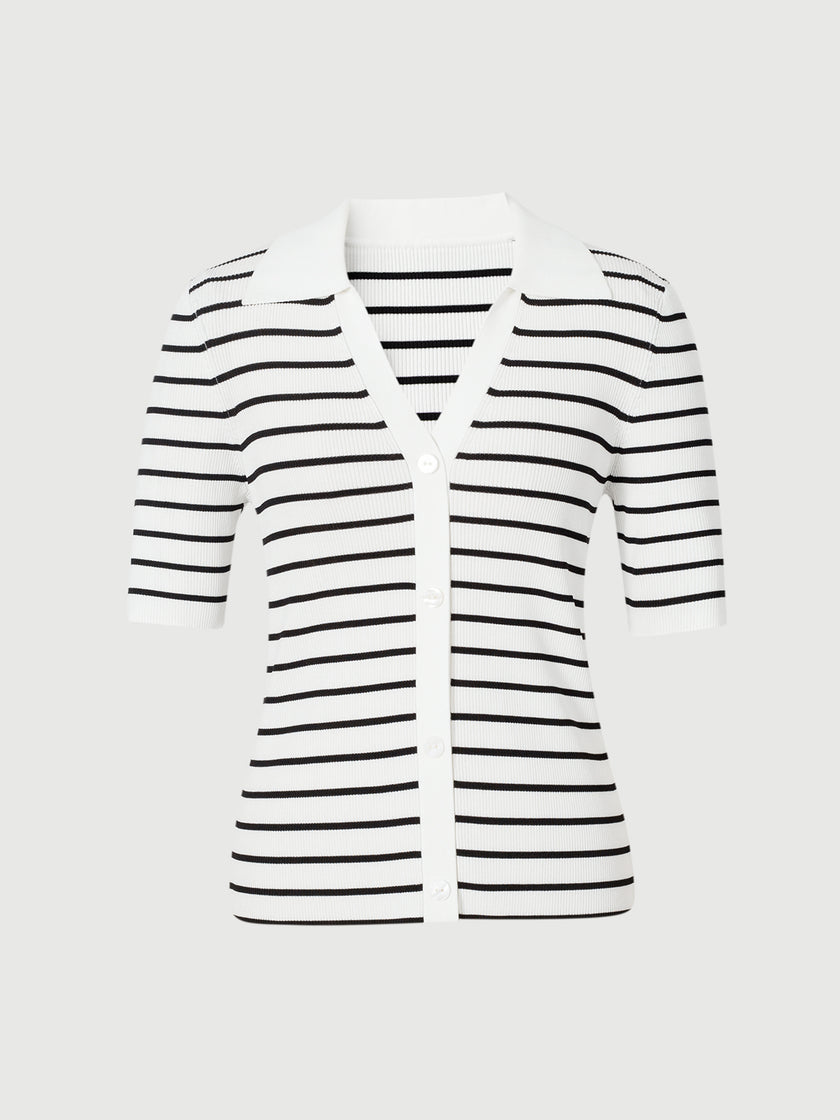 Striped Collared V‑Neck Top