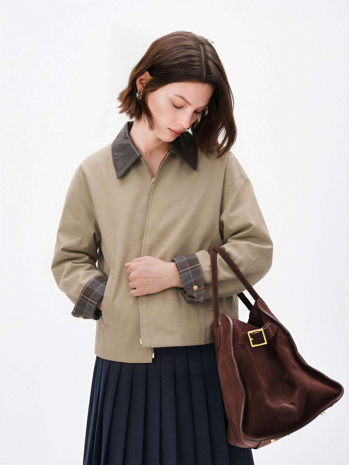 Contrast Leather Collar Zip Jacket