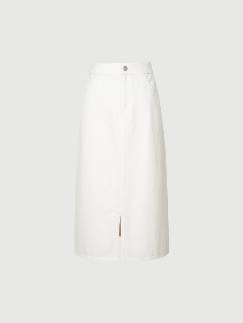 Women's White High Waist Straight Fit Cotton Middle Length Skirt 5E2240561