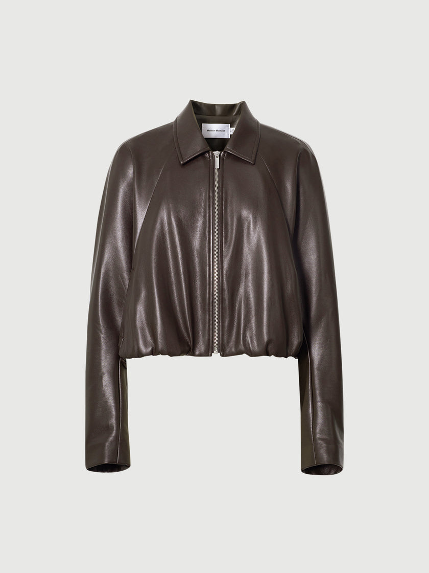 Brown Cropped Leather Raglan Jacket