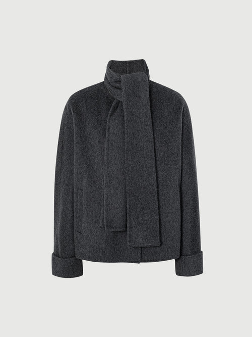 Load image 1 in gallery view. Dark gray jacket with a tie detail