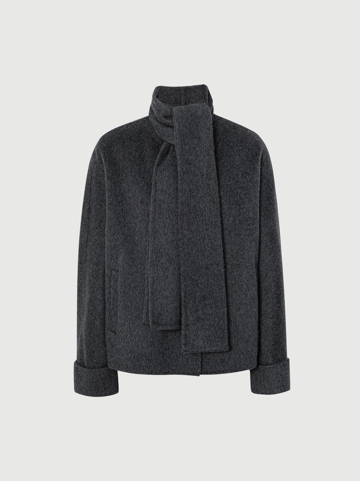 Wool Single-Breasted Short Coat with Scarf