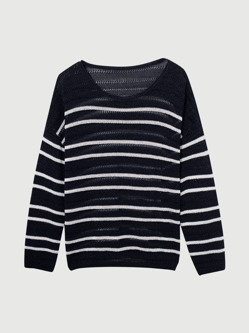 Load image 1 in gallery view. Relaxed-Fit Drop-Shoulder Lightweight Stripe Crewneck Sweater