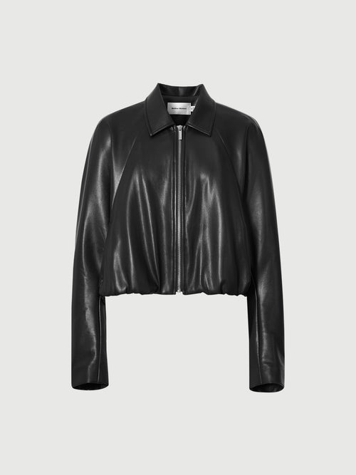 Load image 1 in gallery view. Cropped Leather Jacket with Stand Collar