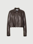 Cropped Leather Jacket with Stand Collar