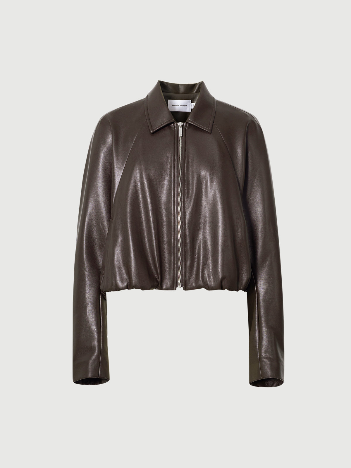 Cropped Leather Jacket with Stand Collar