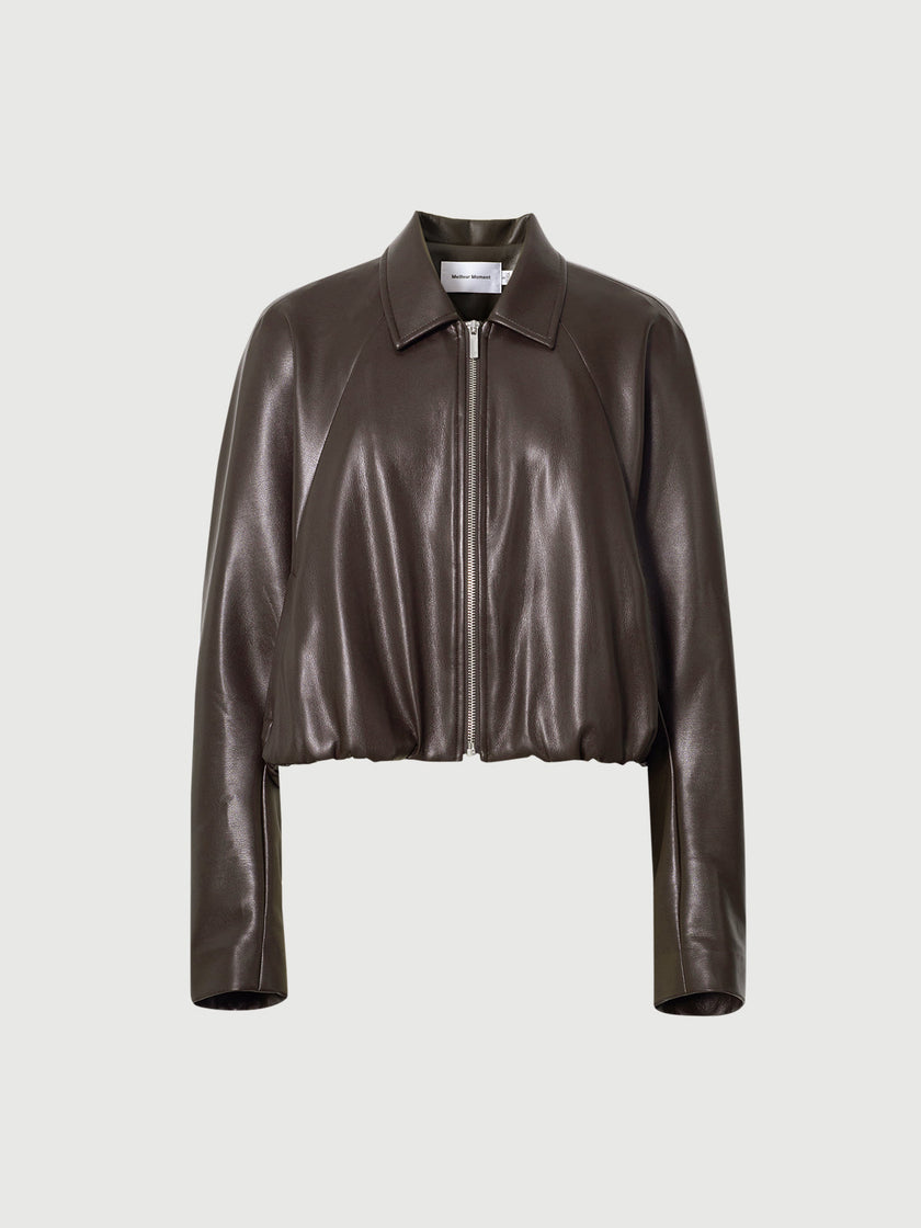 Cropped Leather Jacket with Stand Collar