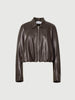 Cropped Leather Jacket with Stand Collar