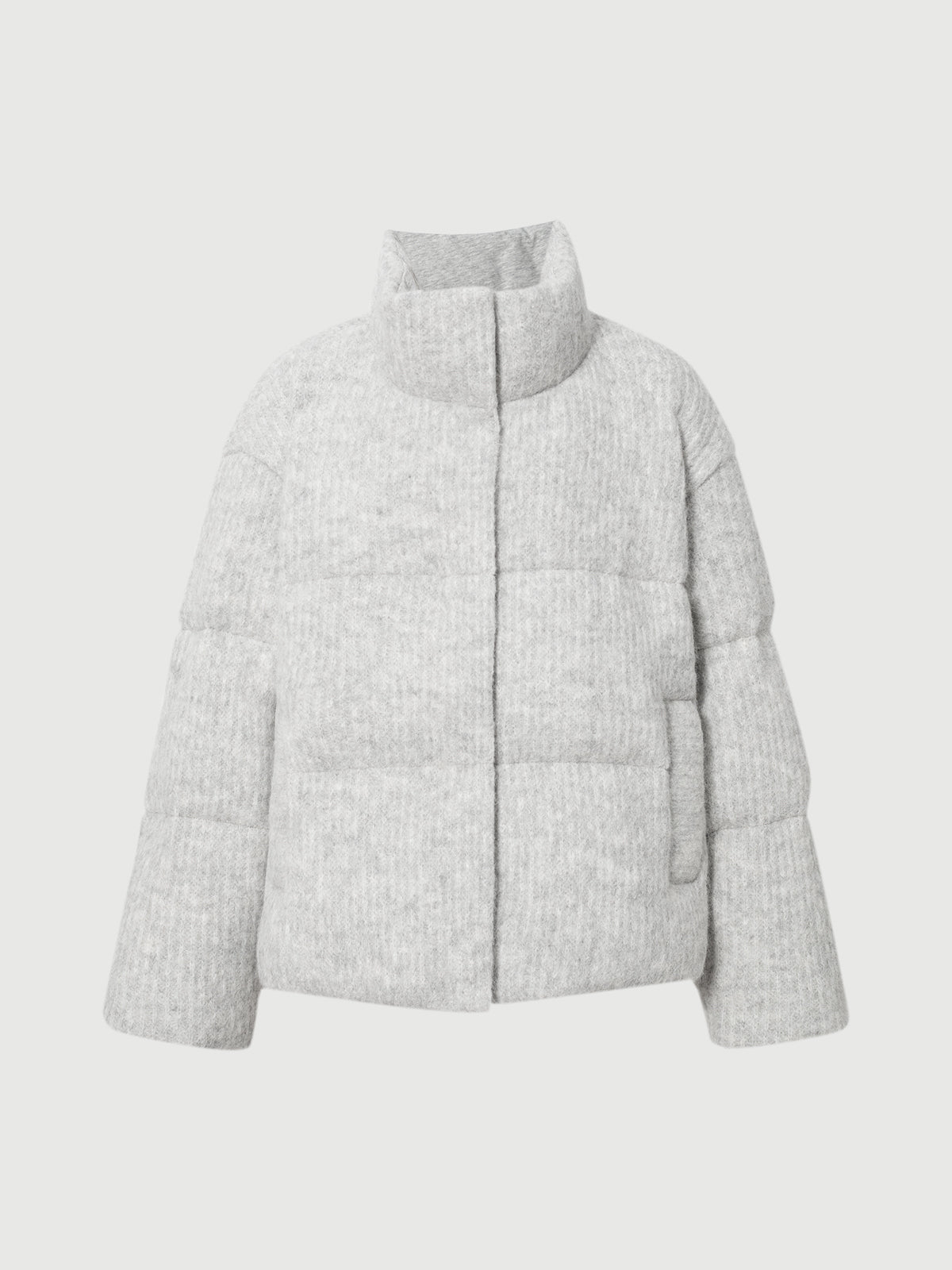 Light gray puffer jacket on a white background