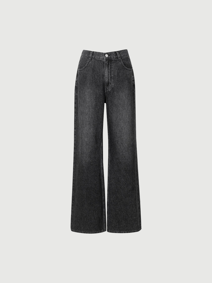 Black wide-leg jeans on a light gray background