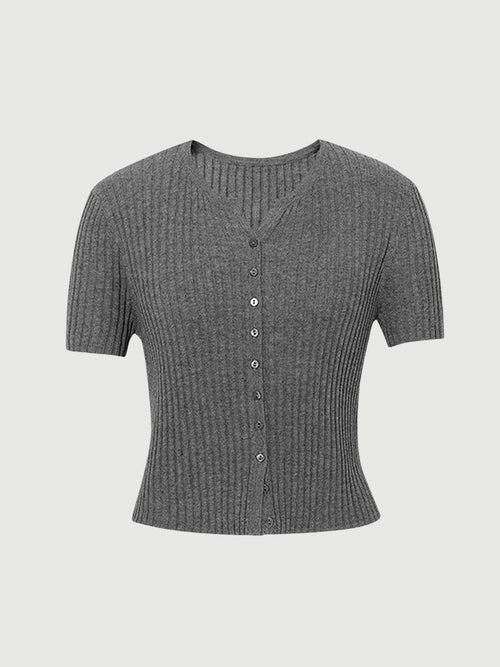 Load image 1 in gallery view. V Neck Short Sleeves Knitwear Top