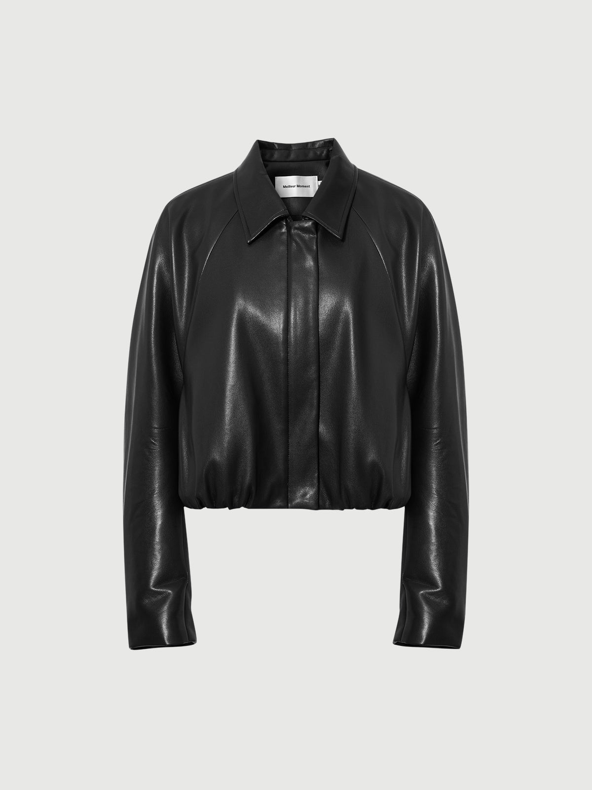 Cropped Leather Jacket with Stand Collar