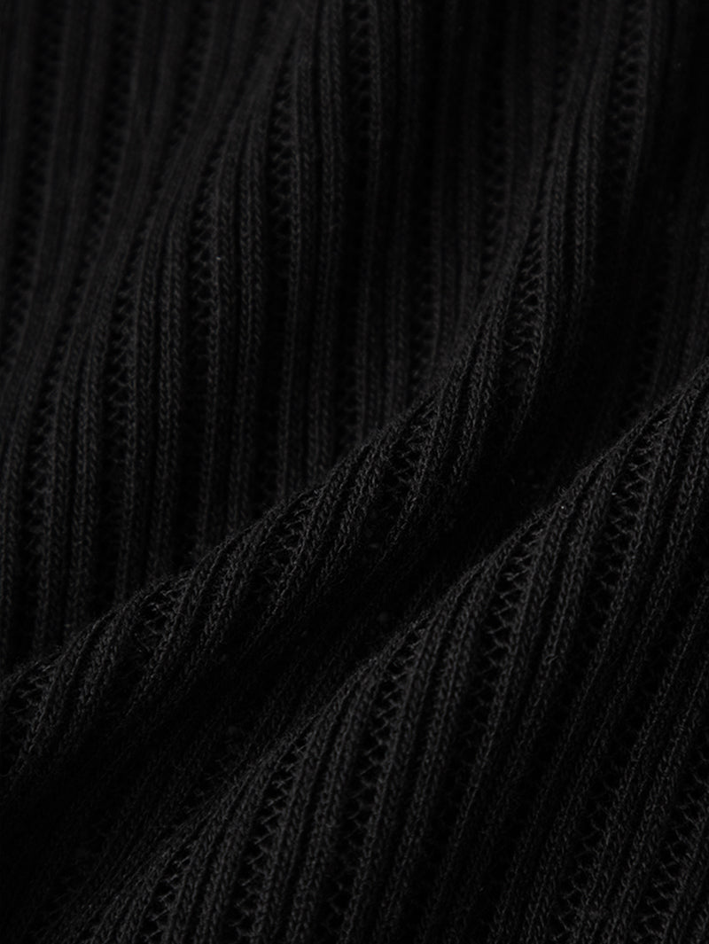 Close-up of black rib knit sweater fabric showcasing its textured pattern.