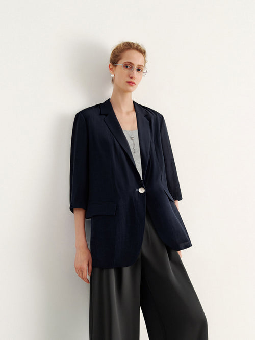 Load image 1 in gallery view. Structured Shoulder One-Button V-Neck Short-Sleeve Blazer