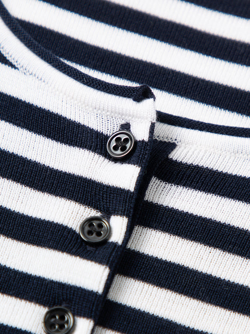 Load image 1 in gallery view. Lightweight Navy and White Striped Knit Crewneck Sweater