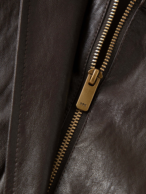 Load image 1 in gallery view. Shirt-Collar Drawstring Leather Jacket