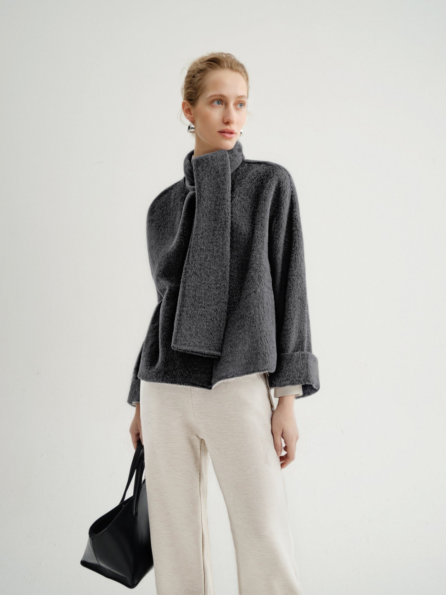 Scarf-Neck Wool-Blend Coat