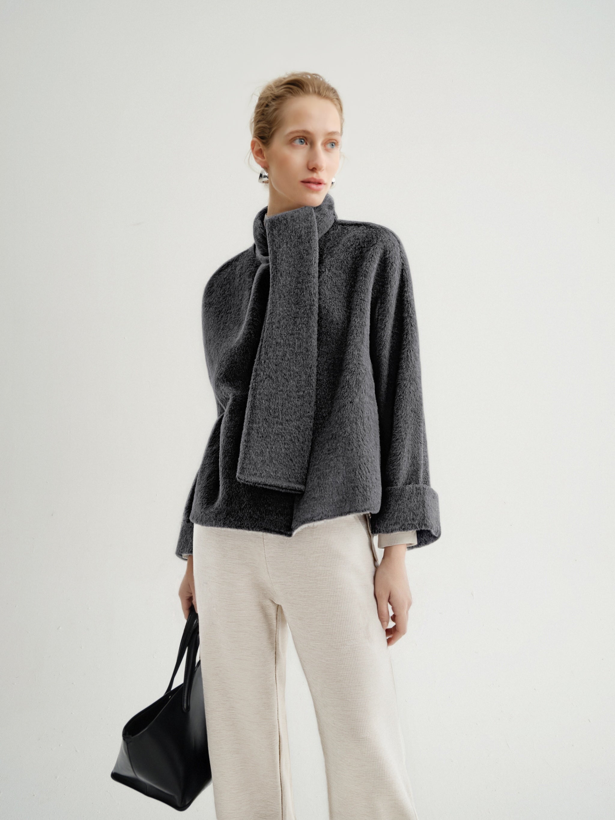 Scarf-Neck Wool-Blend Coat