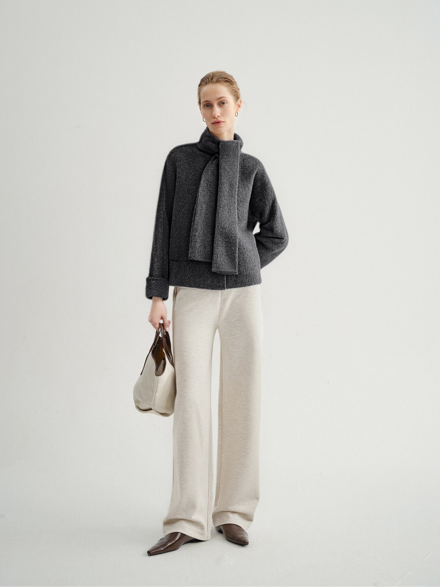 Scarf-Neck Wool-Blend Coat