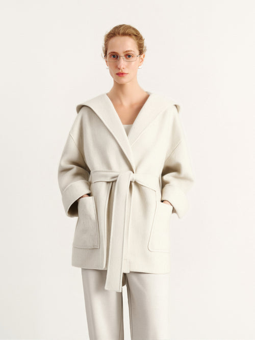 Load image 1 in gallery view. Hooded Belted Wool-Blend Coat
