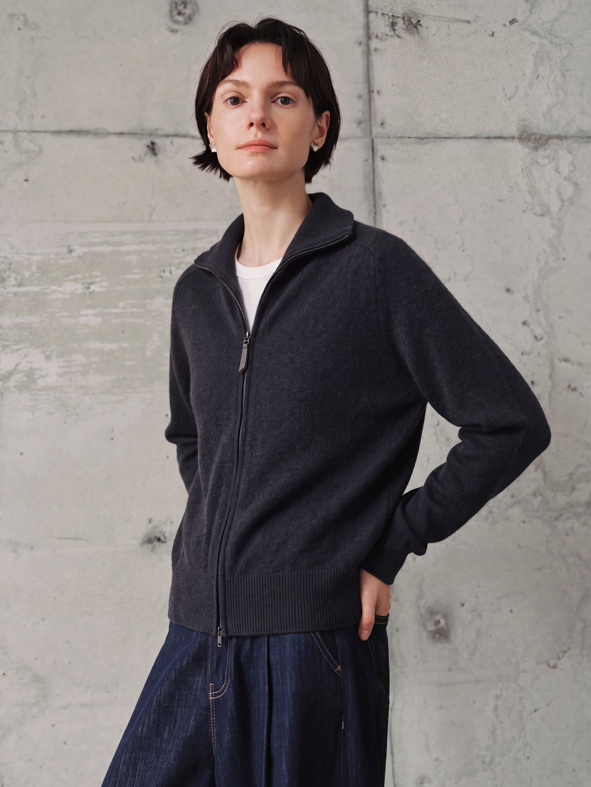 Cable-Sleeve Zip Cashmere Cardigan