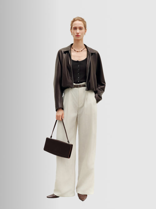 Load image 1 in gallery view. Brown Cropped Leather Raglan Jacket