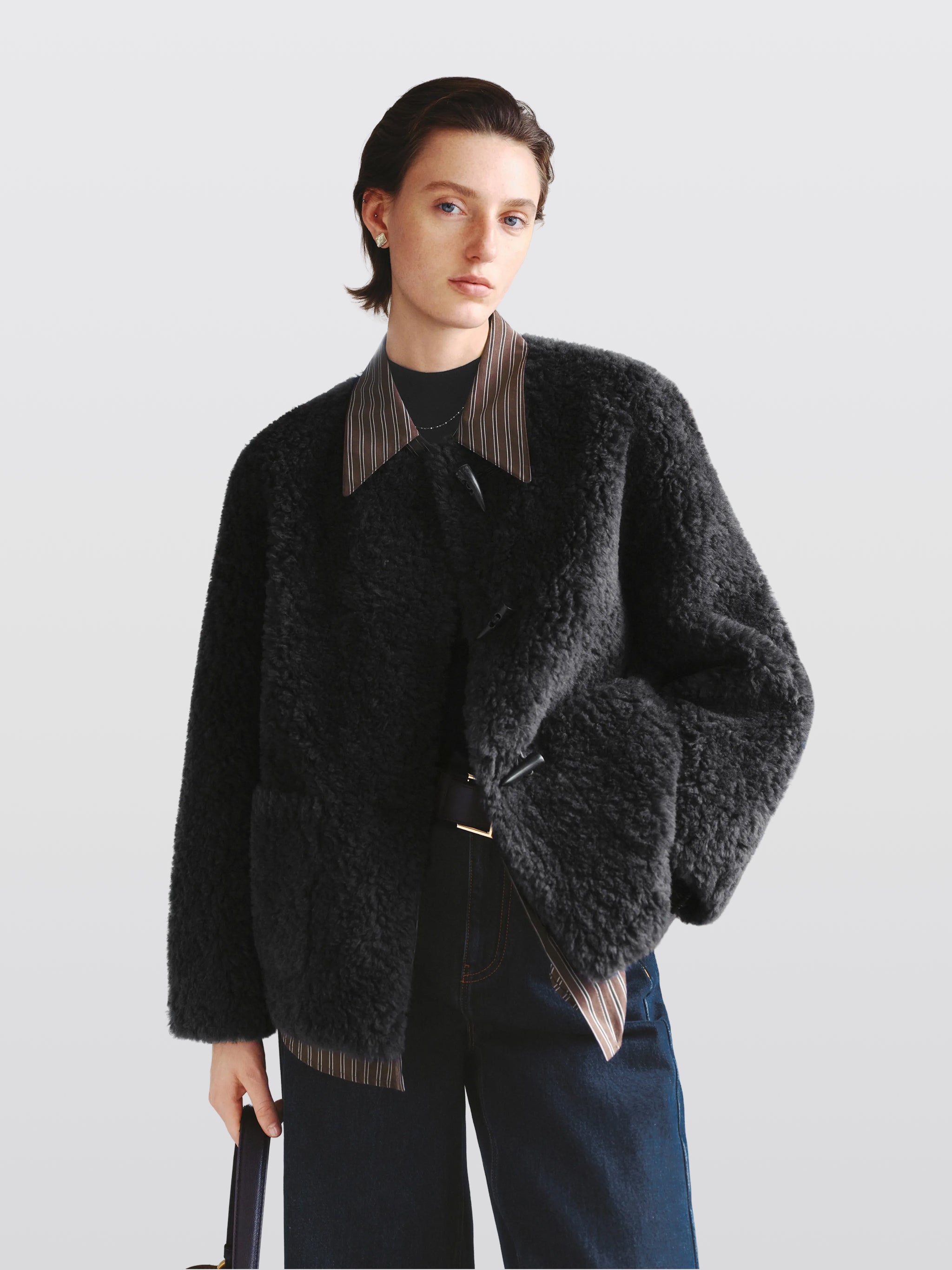 Pure Wool Shearling Jacket with Structured Collar