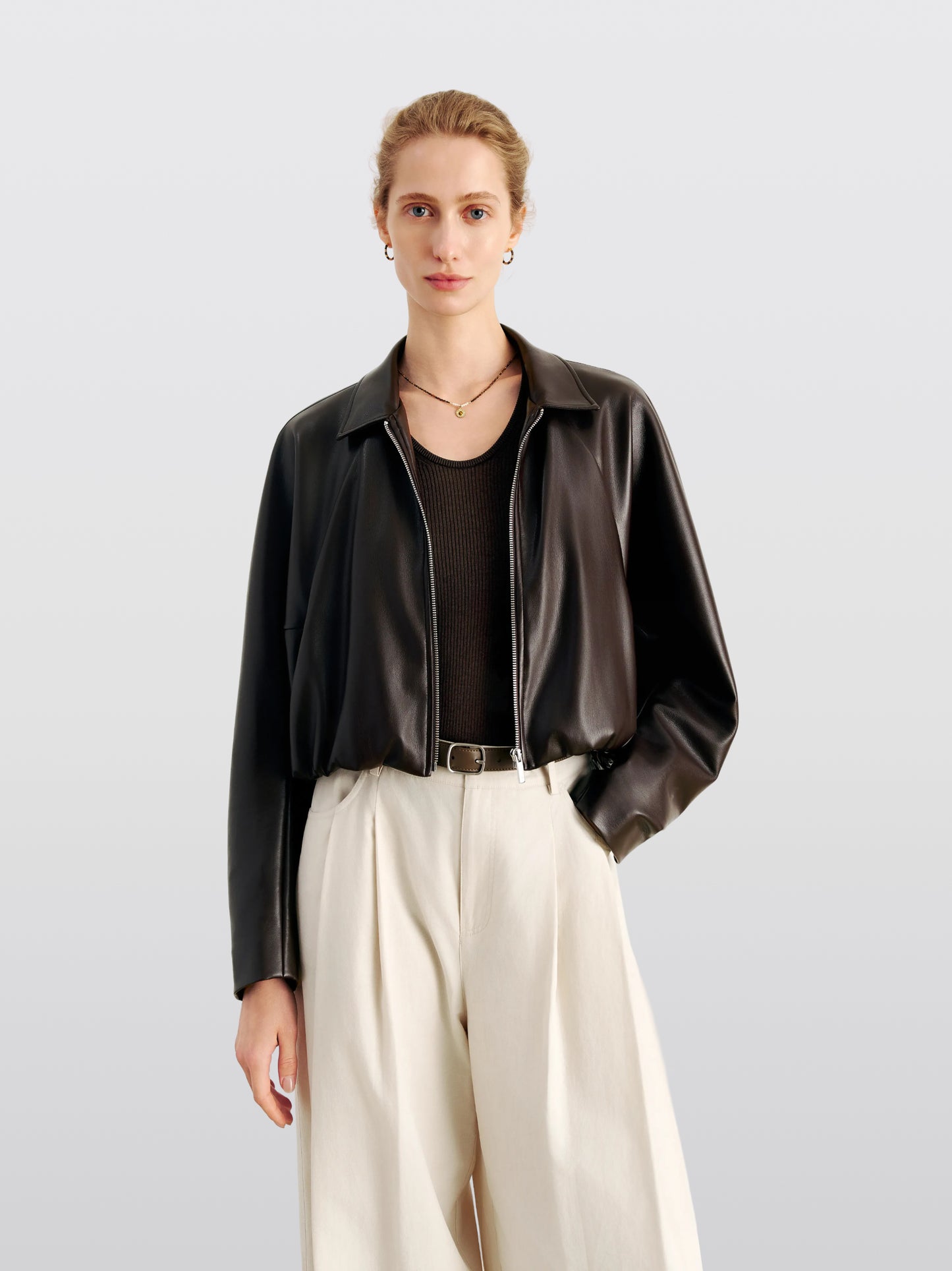 Cropped Faux-Leather Zip Jacket