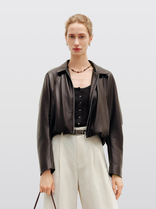 Load image 1 in gallery view. Brown Cropped Leather Raglan Jacket