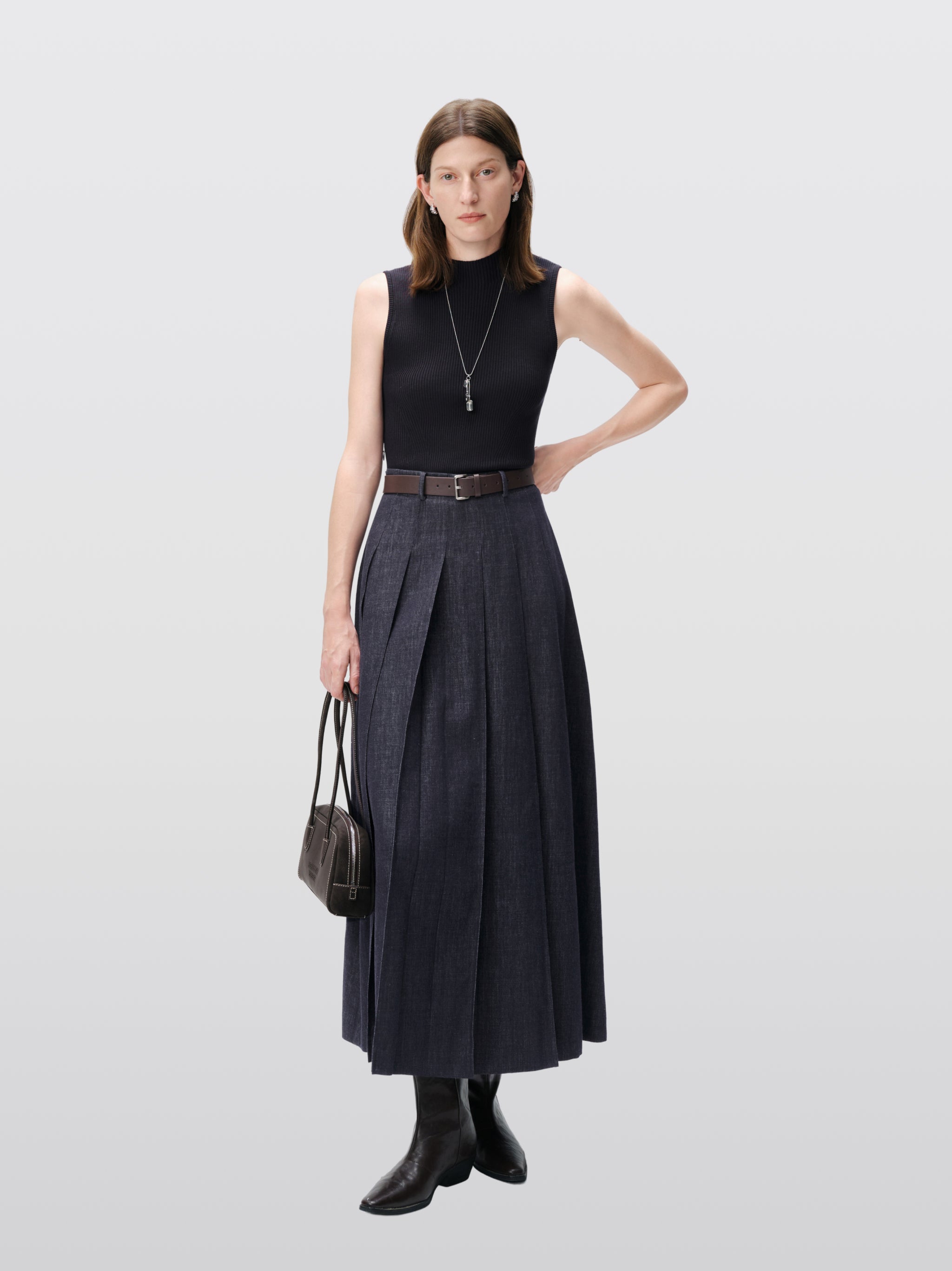 Mock-Neck Belted Denim Maxi Dress