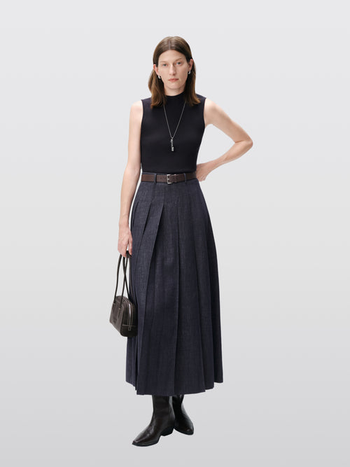 Load image 1 in gallery view. Mock-Neck Belted Denim Maxi Dress