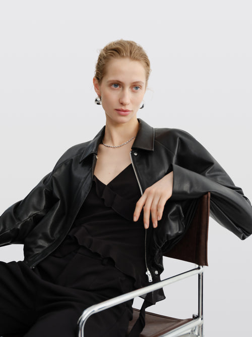 Load image 1 in gallery view. Cropped Faux-Leather Zip Jacket