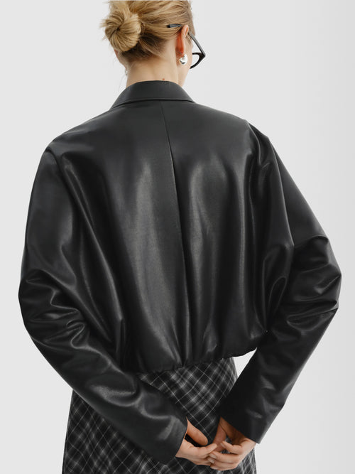 Load image 1 in gallery view. Cropped Faux-Leather Zip Jacket
