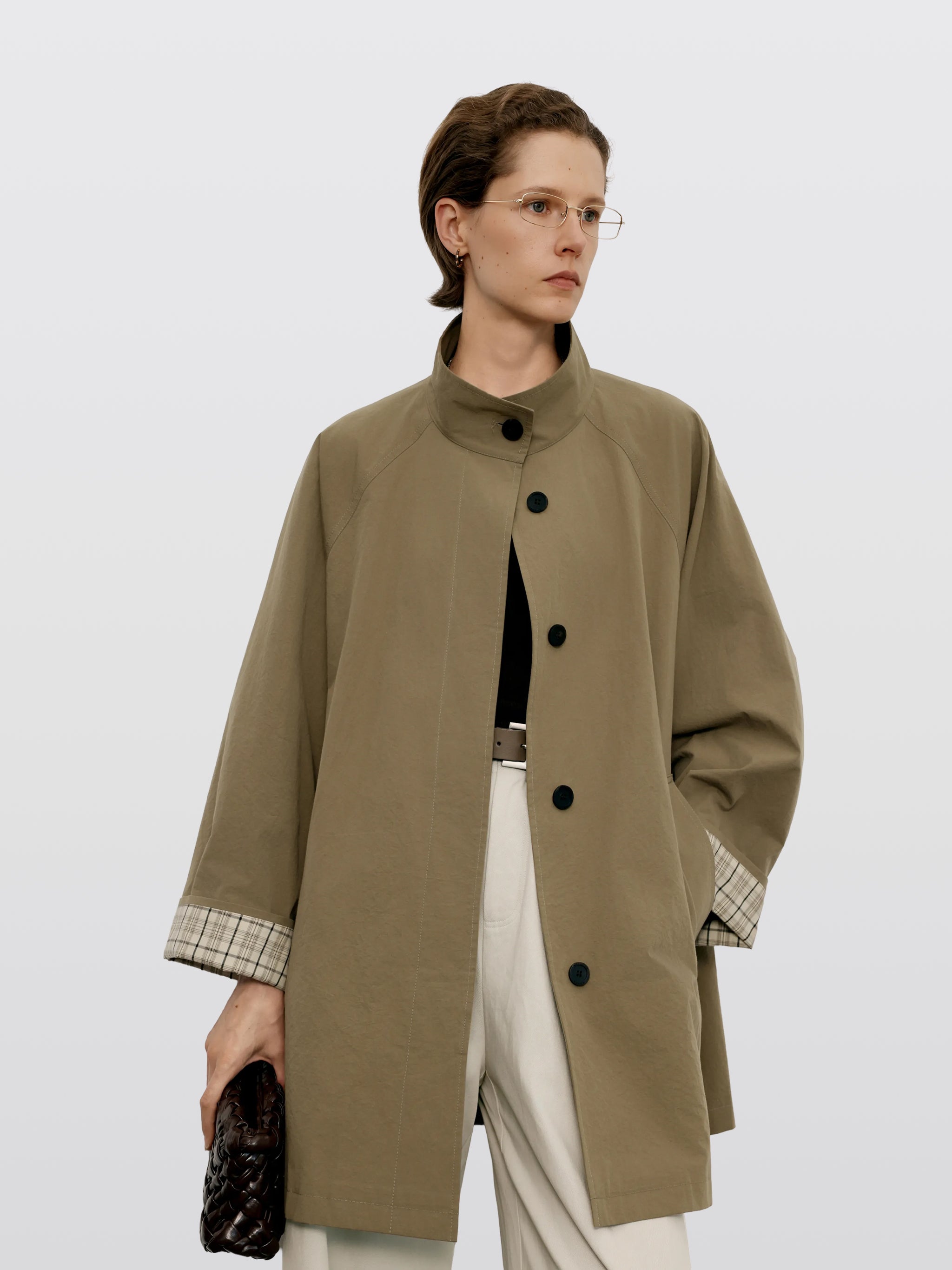 Stand-Collar Buttoned Trench Coat