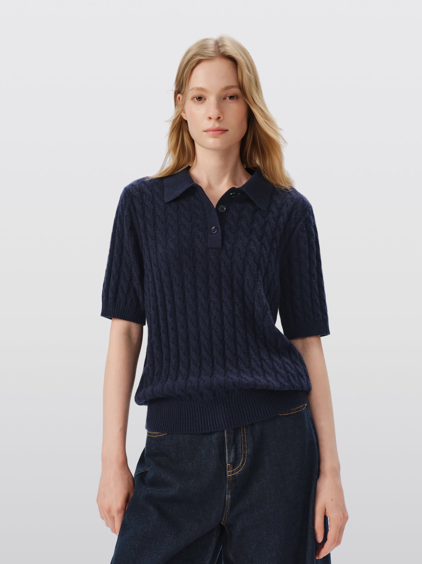 Pure Cashmere Cable-Knit Short Sleeve Polo