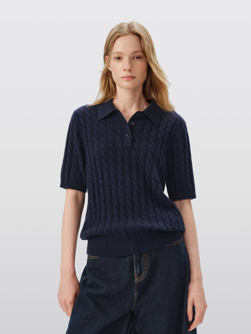 Load image 1 in gallery view. Pure Cashmere Cable-Knit Short Sleeve Polo