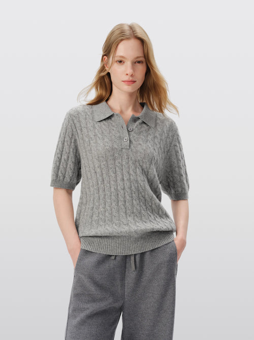 Load image 1 in gallery view. Pure Cashmere Cable-Knit Short Sleeve Polo