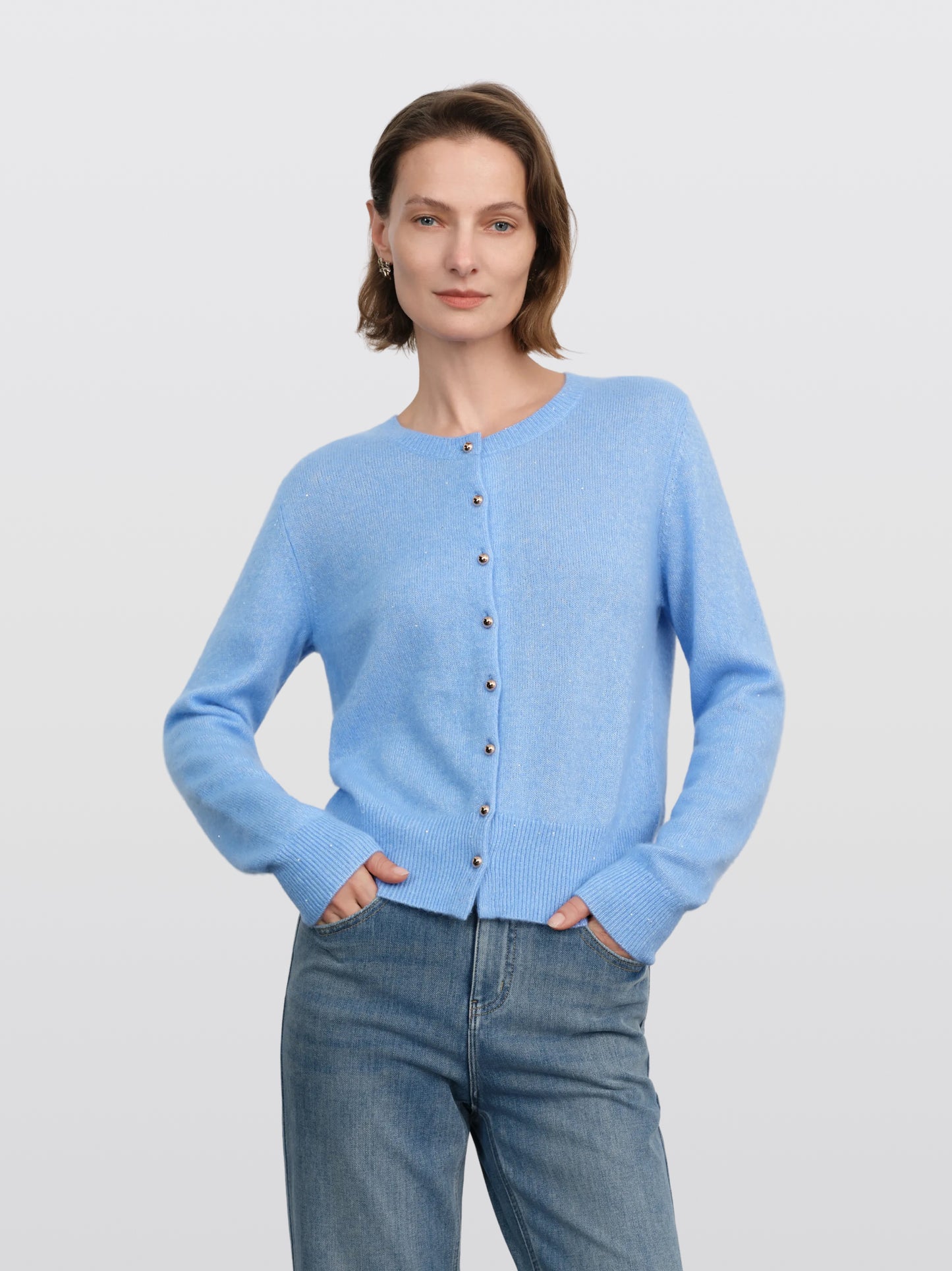 Cashmere-Silk Crewneck Knit Cardigan
