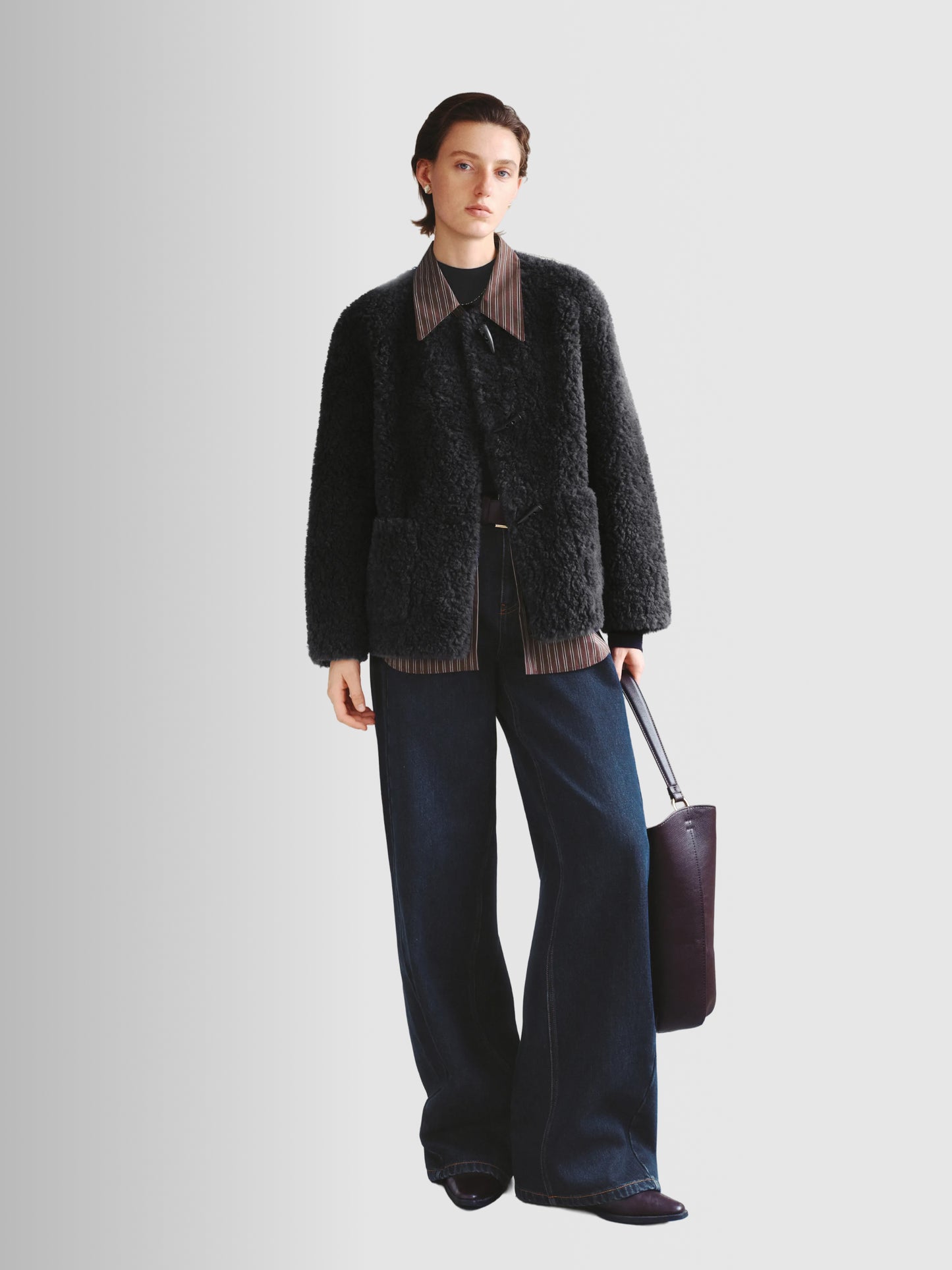 Pure Wool Shearling Jacket with Structured Collar