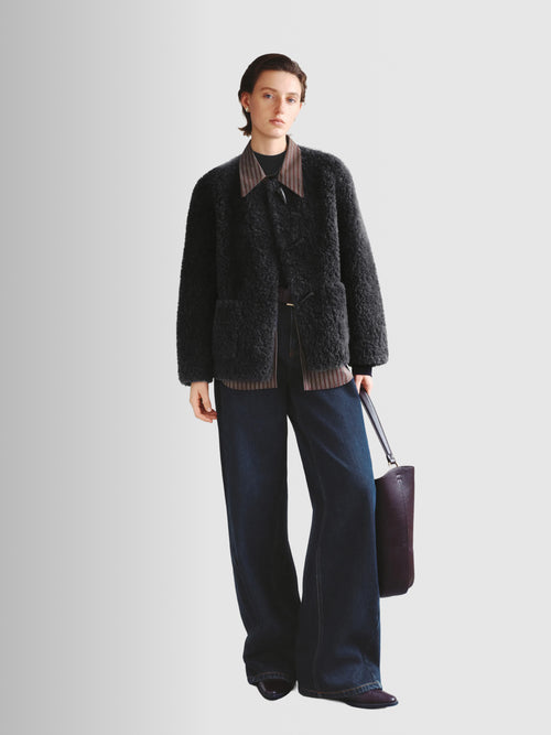 Load image 1 in gallery view. Pure Wool Shearling Jacket with Structured Collar