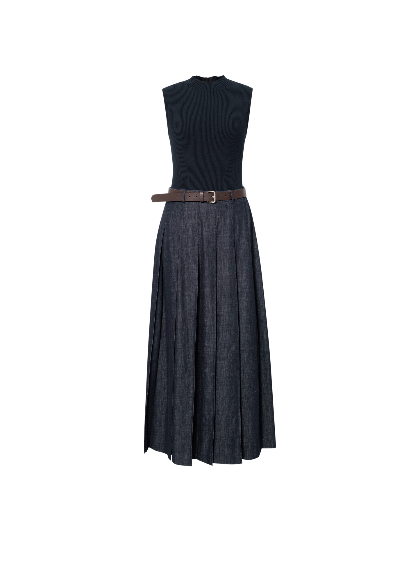 Mock-Neck Belted Denim Maxi Dress