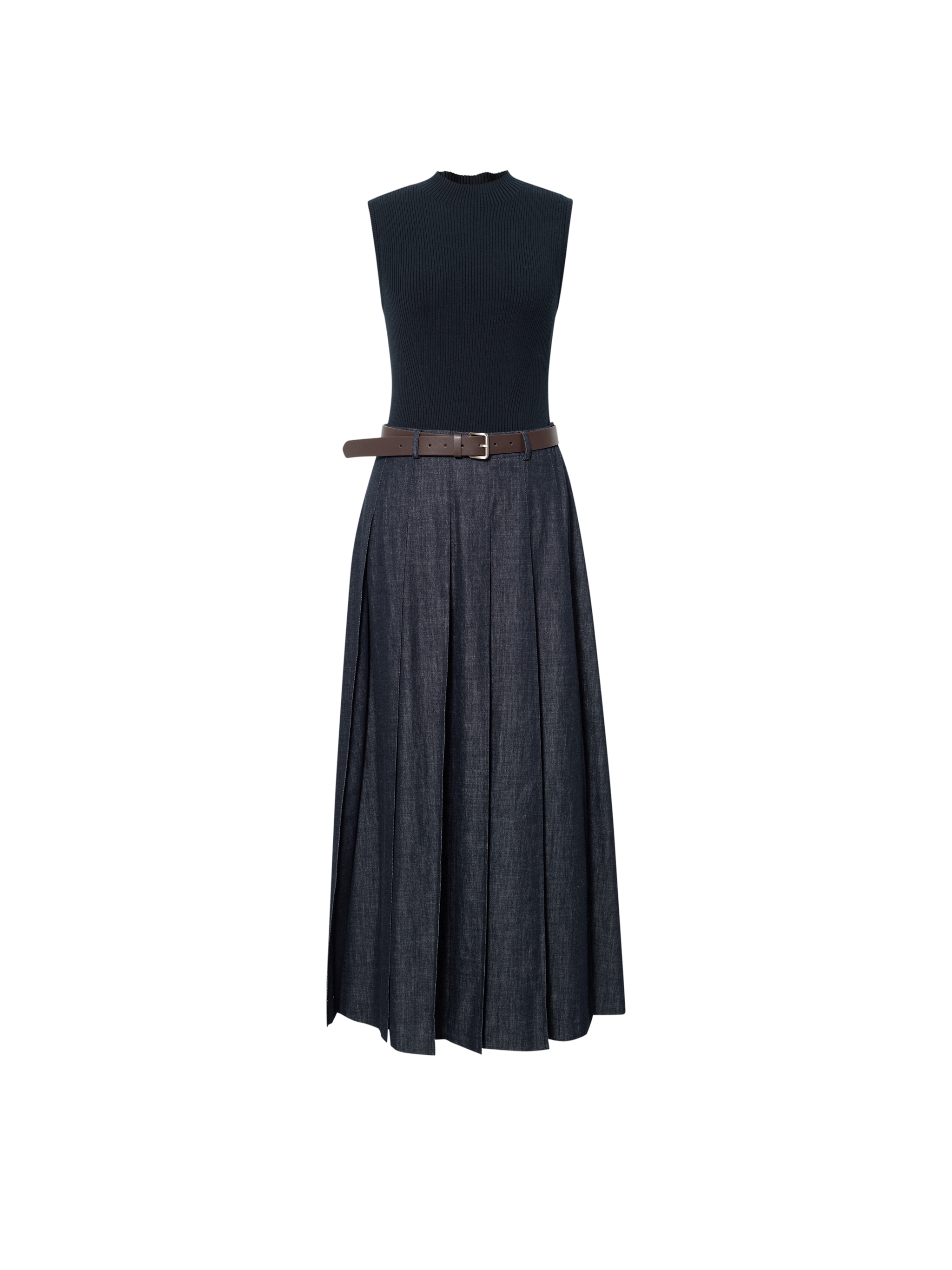 Mock-Neck Belted Denim Maxi Dress