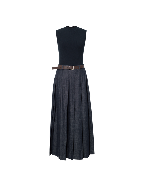Load image 1 in gallery view. Mock-Neck Belted Denim Maxi Dress