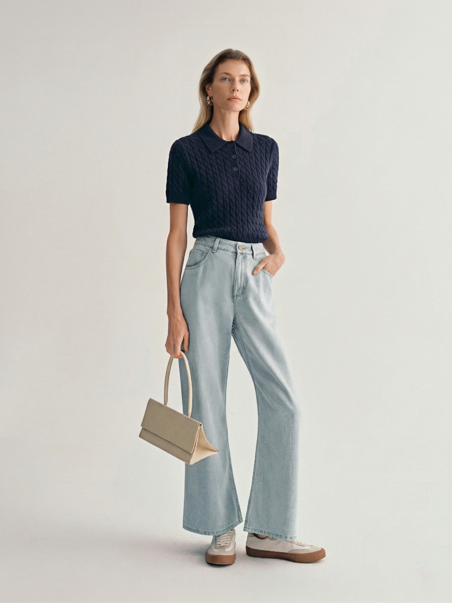 100% Pure Cashmere Cable-Knit Short Sleeve Polo