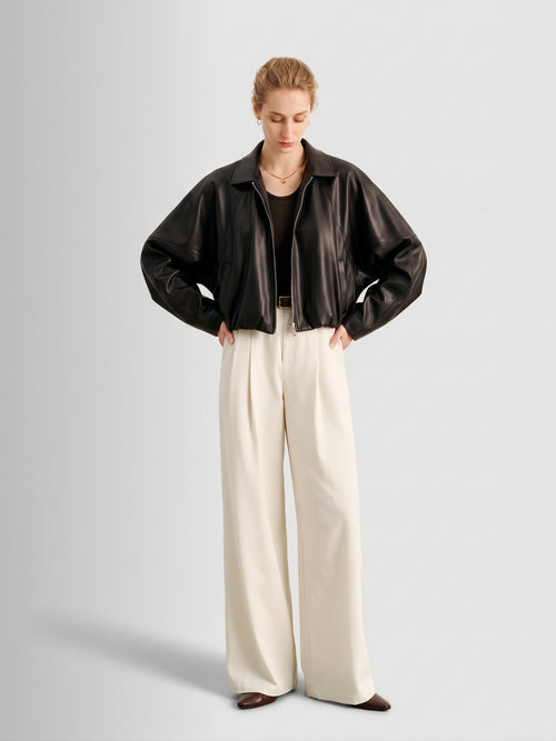 Load image 1 in gallery view. Brown Cropped Faux-Leather Zip Jacket